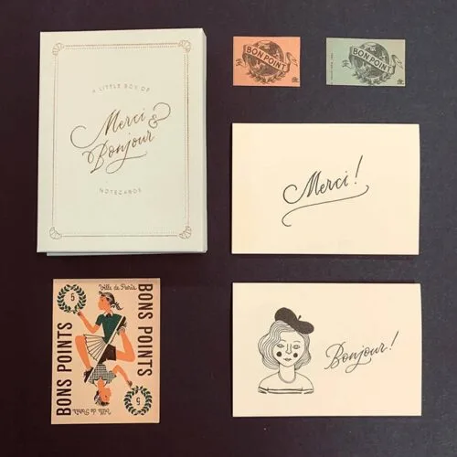 Cartes illustrées "Merci" & "Bonjour" dans un joli coffret