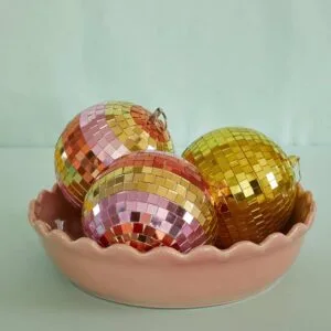 Boule à facettes rayée rose et dorée – boule disco 15 cm
