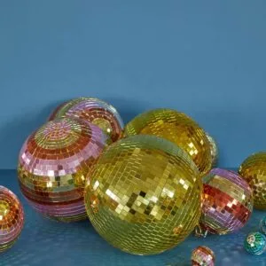 Boule à facettes rayée rose et dorée – boule disco 25 cm