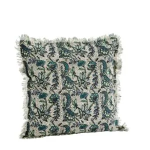 Housse de coussin à franges blanc cassé, vert et bleu