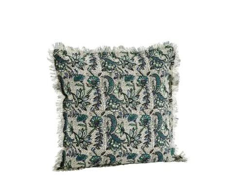 Housse de coussin à franges blanc cassé, vert et bleu
