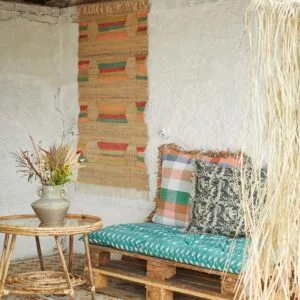 Housse de coussin à franges blanc cassé, vert et bleu