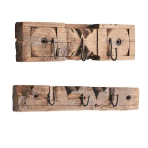 Portemanteau décoratif en bois sculpté recyclé – 3 crochets