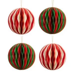 Set de 4 boules de Noël en papier nid d&rsquo;abeille rouge, vert et blanc