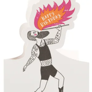 Carte « Joyeux anniversaire » illustration cracheur de feu
