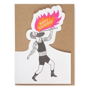 Carte « Joyeux anniversaire » illustration cracheur de feu