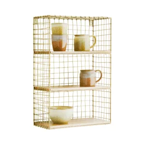 Etagère métallique en laiton doré et bois de manguier – Madam Stoltz