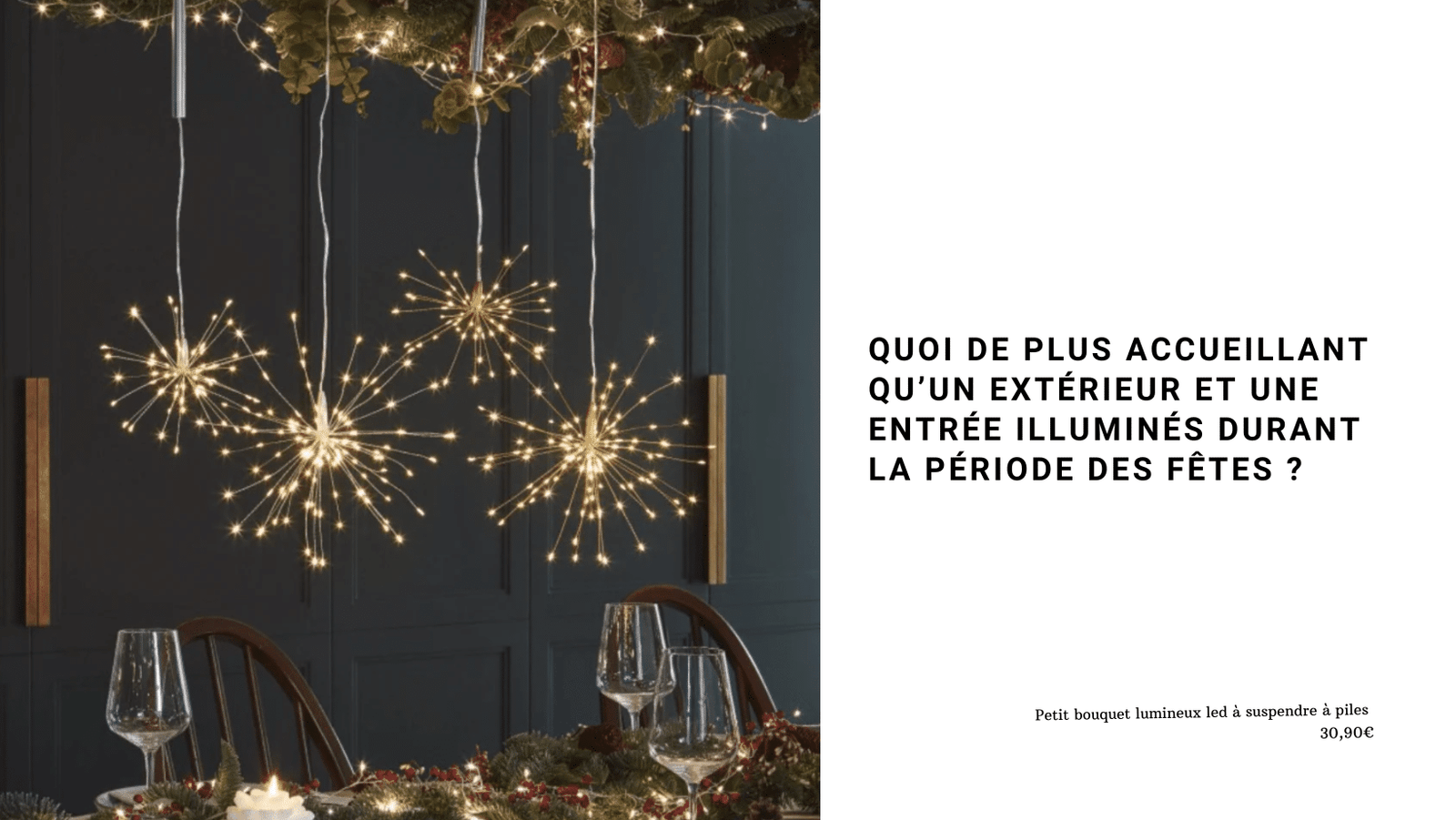 image de mise en avant de bouquets lumineux à suspendre mis en scène dans un décor de table festive