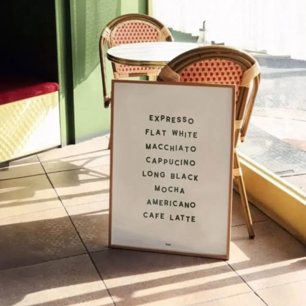 Photo de l'affiche "Types de cafés" mises en situation dans un décor de café