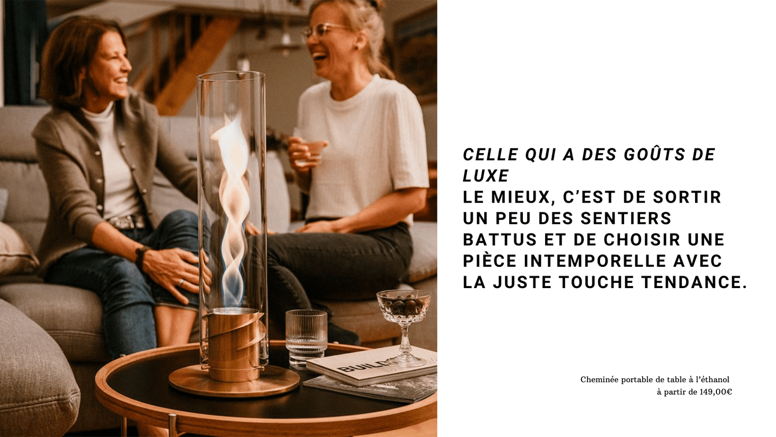 photo de deux femmes autour d'une cheminée de table avec un texte en exergue pour illustré l'article "Nos idées cadeaux pour" publié sur Twicy Store