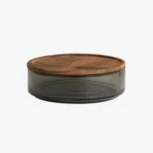 Bocal rond en verre fumé avec couvercle en bois « Basil », 2 tailles – Nordal