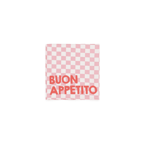 Set de 2 serviettes de table en coton, motif damier rose, message “Buon Appetito”