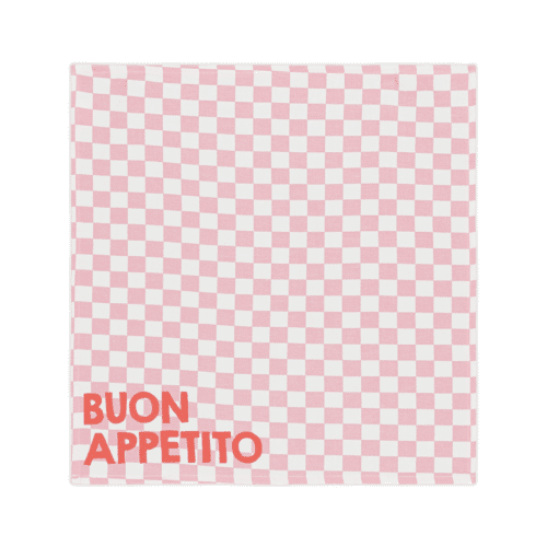 Set de 2 serviettes de table en coton, motif damier rose, message “Buon Appetito”