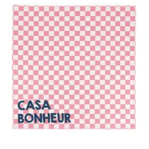 Set de 2 serviettes de table en coton, motif damier rose, message “Casa Bonheur”