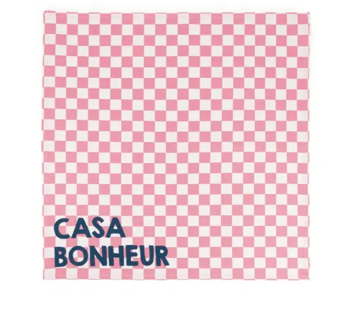 Set de 2 serviettes de table en coton, motif damier rose, message “Casa Bonheur”