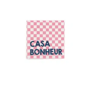 Set de 2 serviettes de table en coton, motif damier rose, message “Casa Bonheur”
