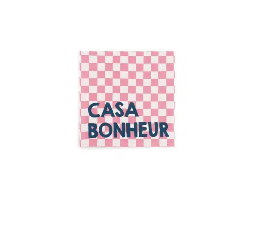 Set de 2 serviettes de table en coton, motif damier rose, message “Casa Bonheur”