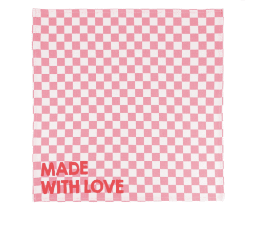 Set de 2 serviettes de table en coton, motif damier rose, message “Made with Love”