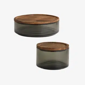 Bocal rond en verre fumé avec couvercle en bois « Basil », 2 tailles – Nordal