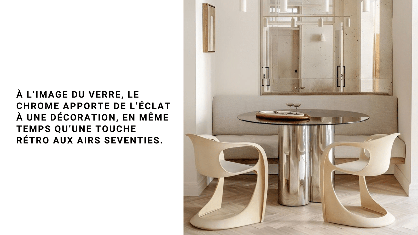 Photo illustrant l'article "Tendances déco 2025" publié sur Twicy Store présentant une salle à manger avec une table en chrome