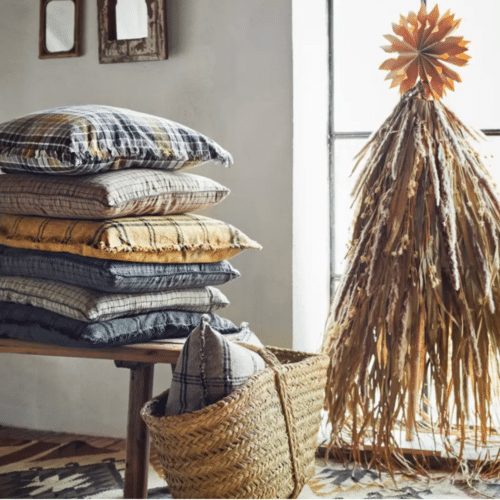 Housse de coussin en lin à carreaux taupe et noir