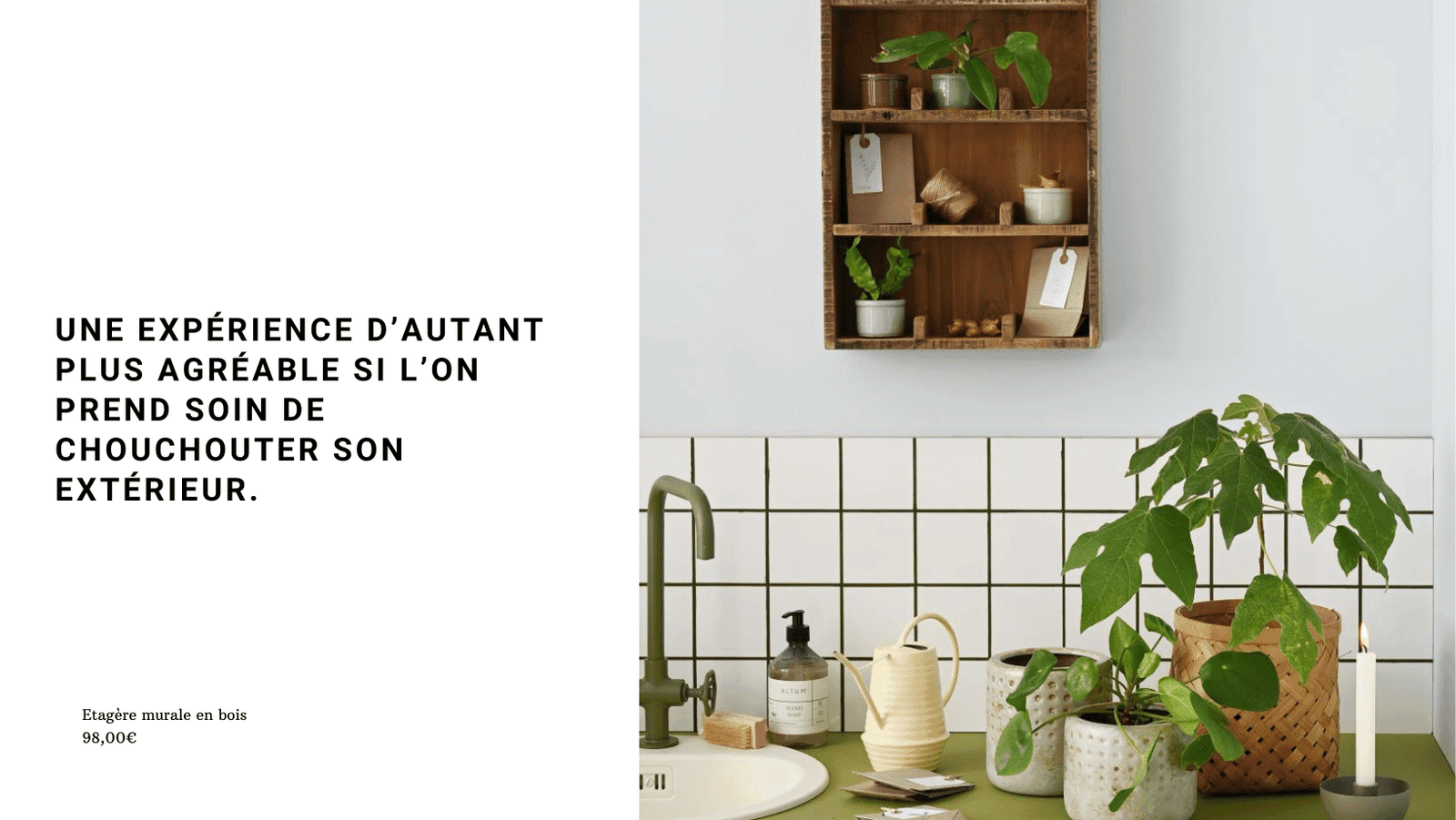 Etagère en bois disposer sur un mur dans un atelier de jardinage pour illustrer l'article "préparer sa maison pour le printemps" publié sur Twicy Store