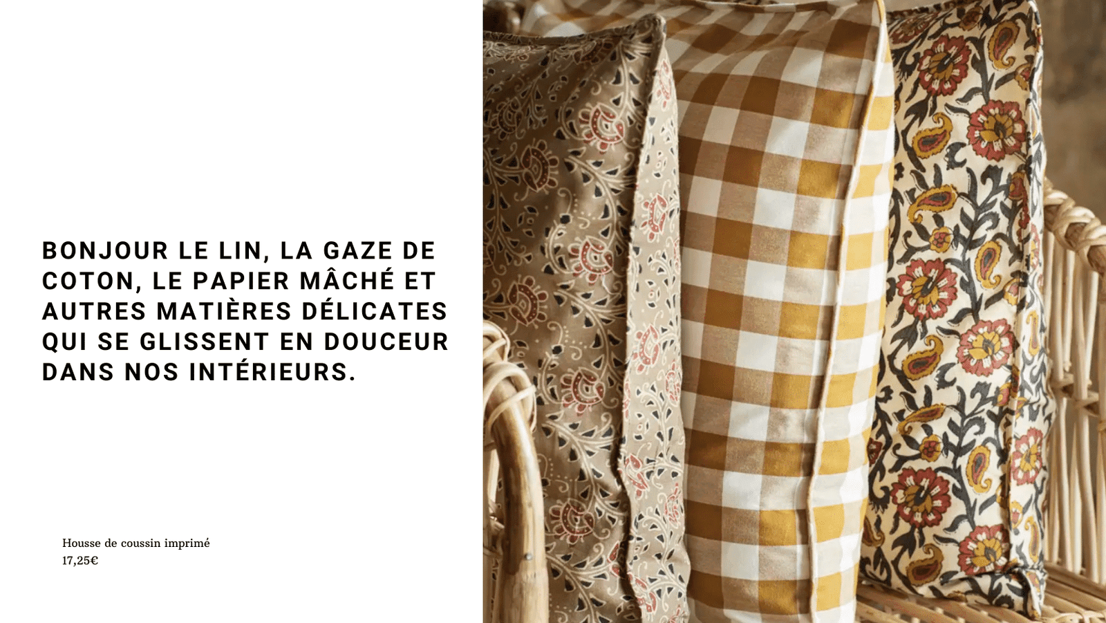 Housse de coussin disposée sur un banc en rotin pour illustrer l'article "Préparer sa maison pour le printemps" publié sur Twicy Store