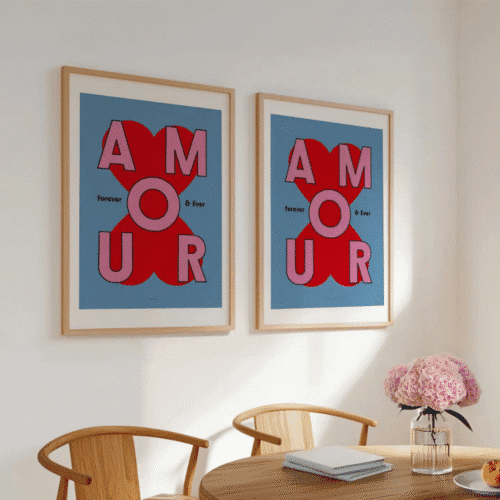 Affiche A3 « Amour Forever and Ever » – Déco murale pop bleu, rose & rouge – Twicy Store