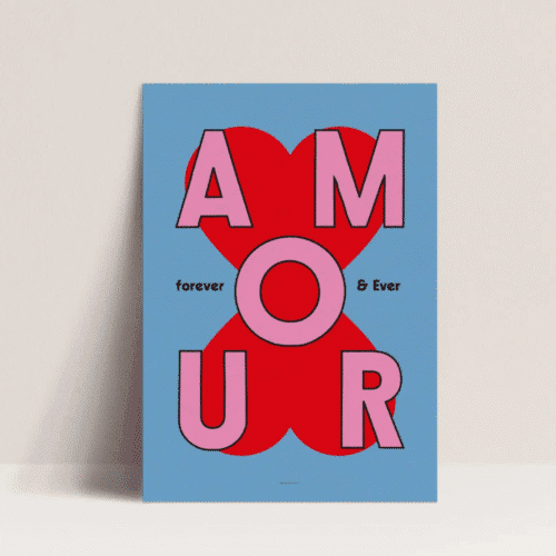 Affiche A3 « Amour Forever and Ever » – Déco murale pop bleu, rose & rouge – Twicy Store