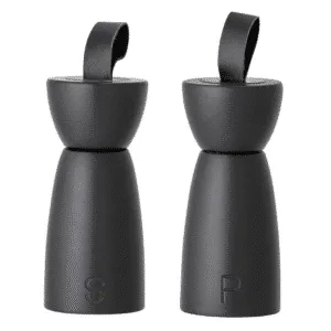 Set de salière & poivrier « Hanif » bois d’hévéa noir avec lanière cuir | Twicy Store
