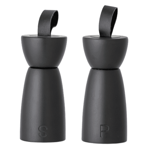 Set de salière & poivrier "Hanif" bois d'hévéa noir avec lanière cuir | Twicy Store
