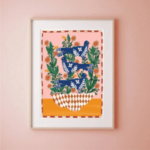 Affiche illustrée oiseaux bleus et fleurs – Poster décoratif A4 | Twicy Store