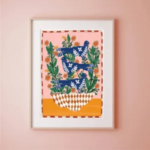 Affiche illustrée oiseaux bleus et fleurs – Poster décoratif A4 | Twicy Store