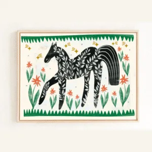 Affiche illustrée cheval noir et fleurs – Poster décoratif A4 | Twicy Store