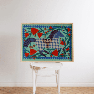 Affiche illustrée cheval bleu et fleurs rouges – Poster décoratif A4 | Twicy Store