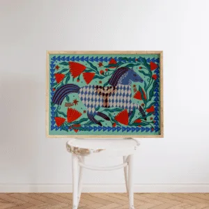 Affiche illustrée cheval bleu et fleurs rouges – Poster décoratif A4 | Twicy Store