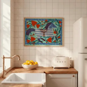 Affiche illustrée cheval bleu et fleurs rouges – Poster décoratif A4 | Twicy Store
